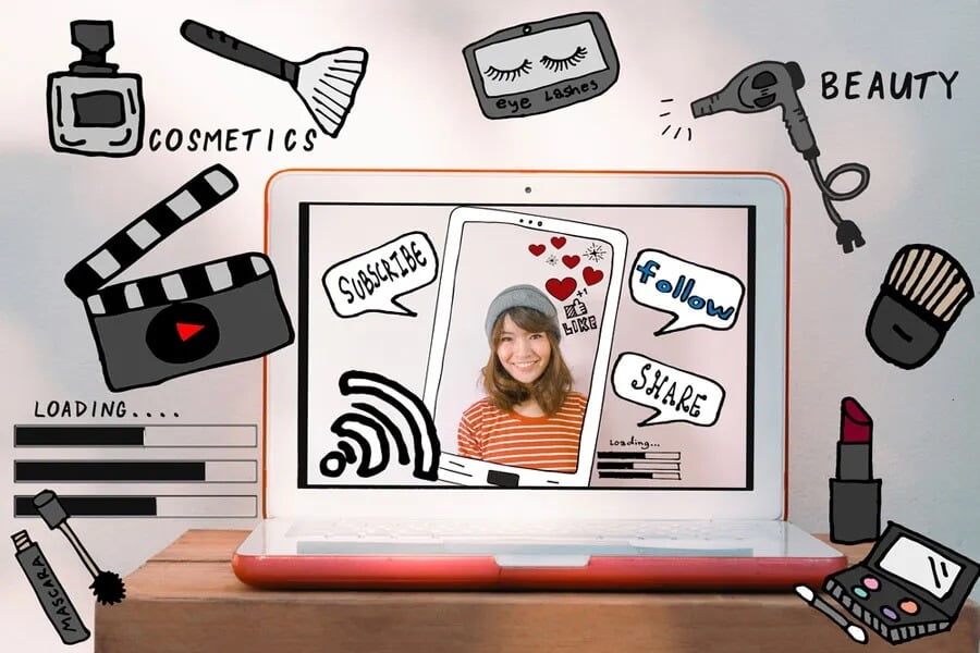 laptop with picture of a woman and beauty related graphics