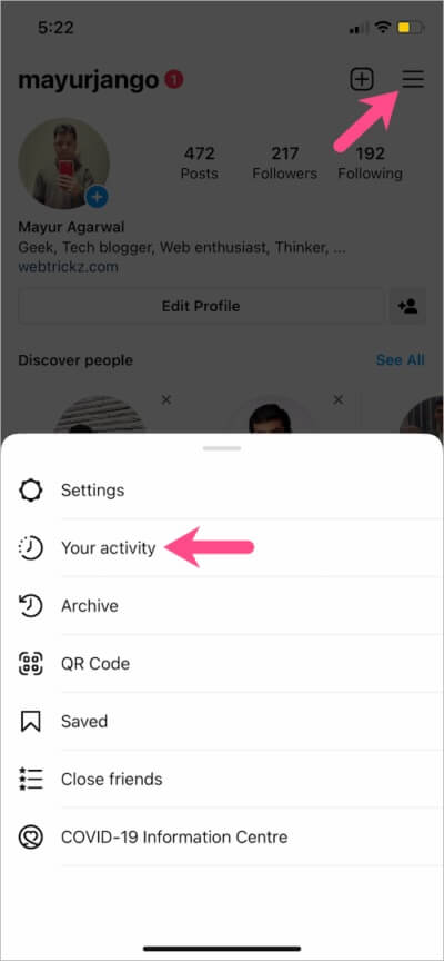 First select the menu bar and then select the activity