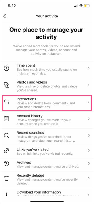 Tap "Interactions" on the "Your activities" screen.
