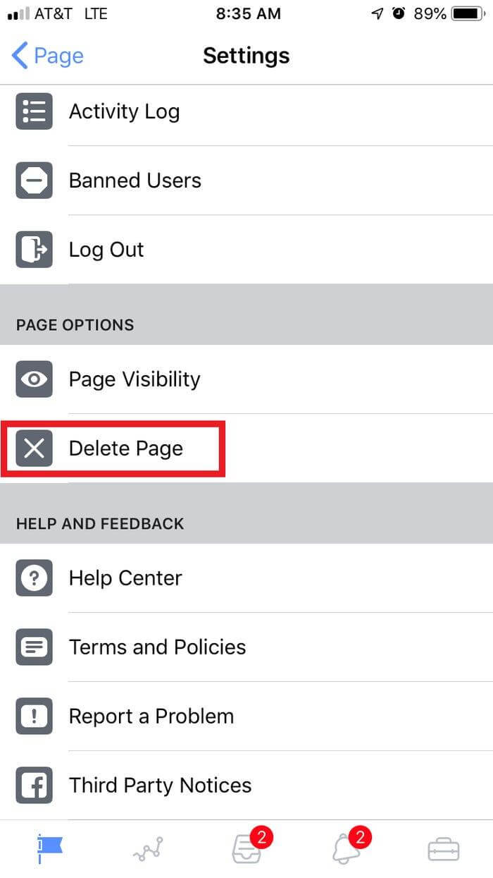 scroll down in the setting you will find the option of delete page