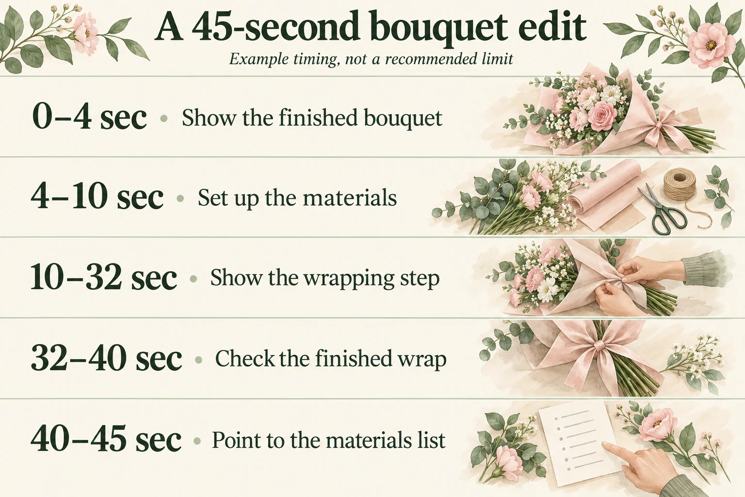 Illustrative 45-second bouquet video plan: 0–4 seconds show the bouquet; 4–10 set up materials; 10–32 show wrapping; 32–40 check the wrap; 40–45 point to the materials list.