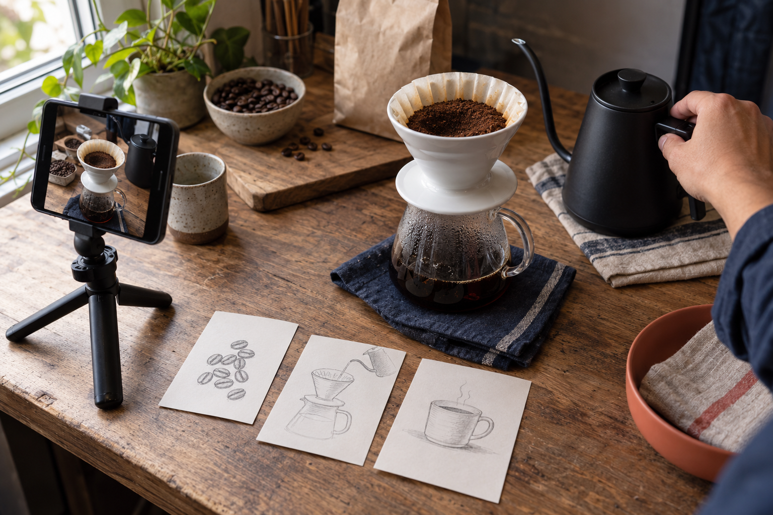 A phone on a tripod, coffee brewing equipment and storyboard sketches prepared for an instructional video.