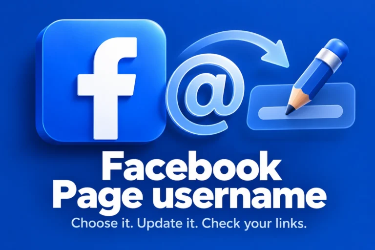 Facebook branding, an @ symbol and an edit pencil illustrate changing a Facebook Page username.
