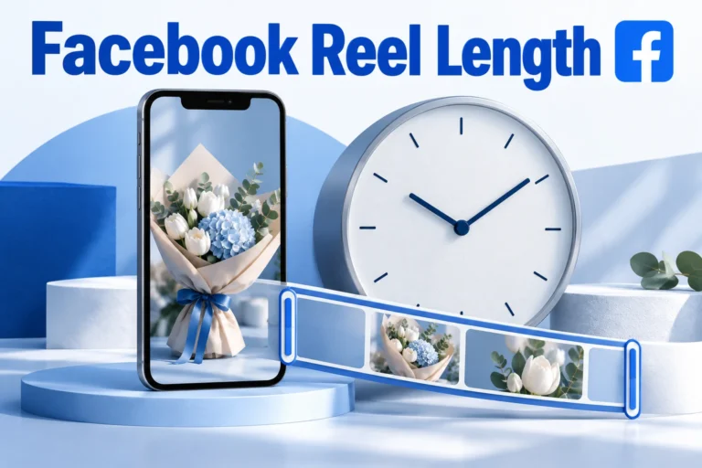 Facebook Reel Length heading above a vertical video frame, an unnumbered clock and a segmented editing strip.