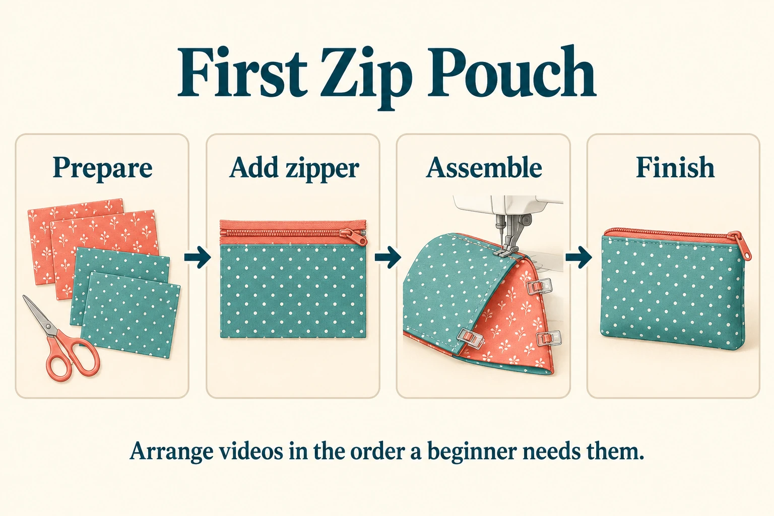 Four illustrated playlist cards show the learning order: Prepare, Add zipper, Assemble, Finish.