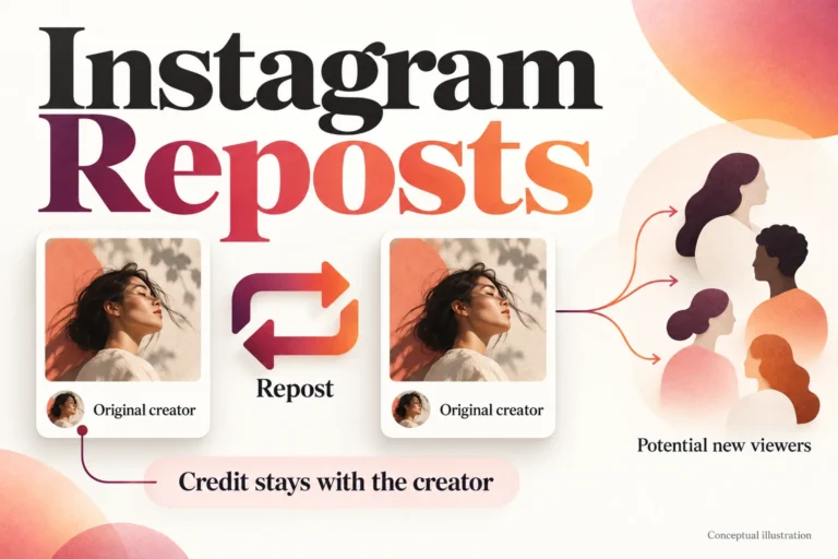 Conceptual Instagram repost diagram shows an original creator’s post being reposted with credit retained and a possible path to new viewers.