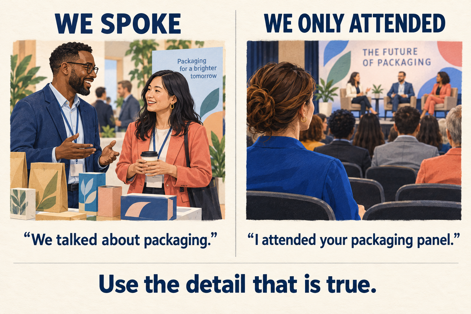Two message examples distinguish speaking with someone about packaging from attending their packaging panel: use the detail that is true.