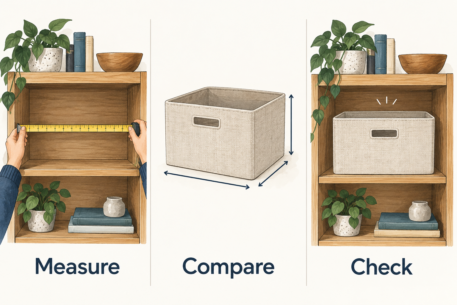 Three illustrated steps: measure the shelf, compare the storage bin's dimensions, and check that it fits.