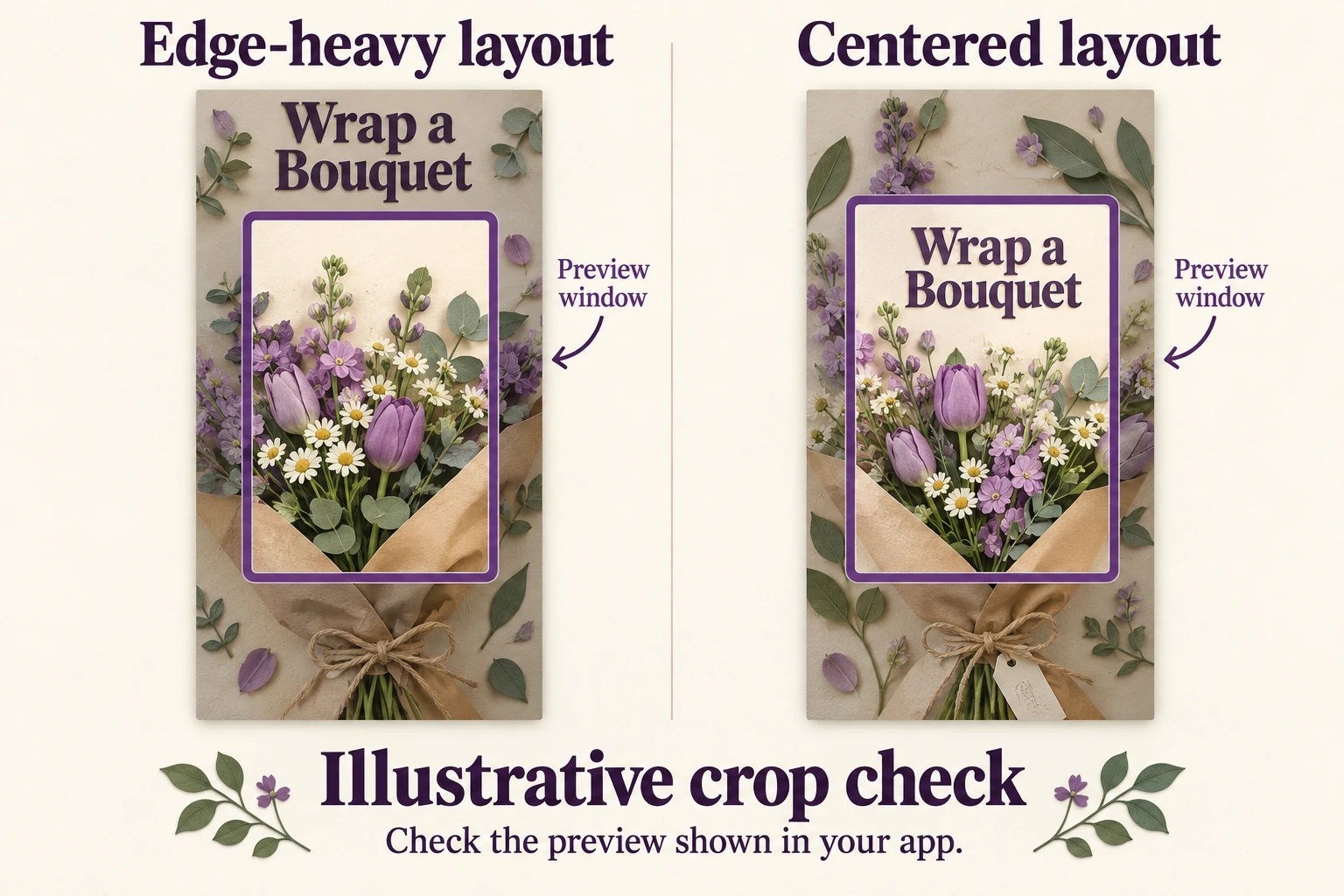 Illustrative preview windows exclude an edge-heavy Wrap a Bouquet title on the left and retain the centered title and bouquet on the right.