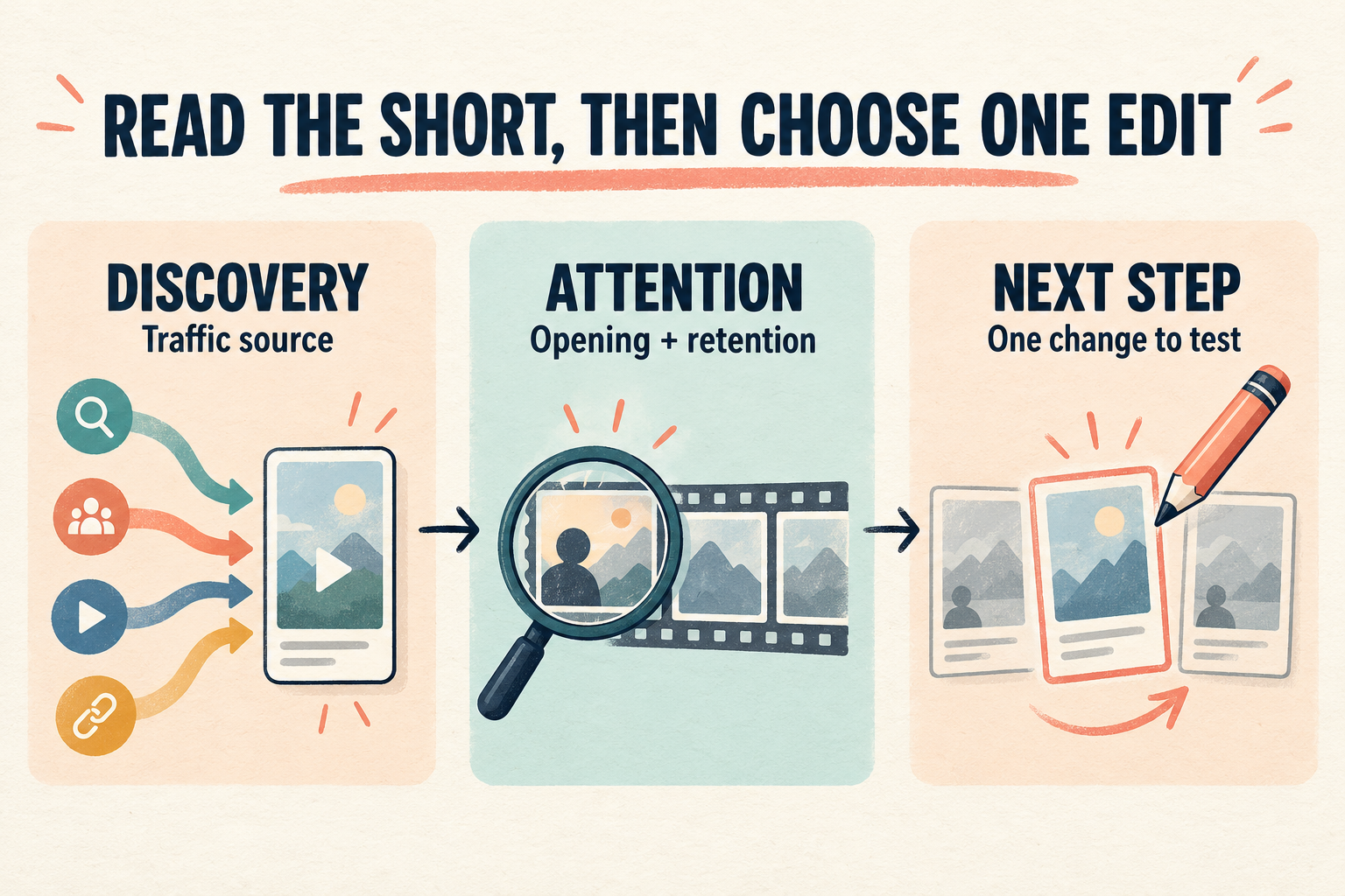 A three-step Shorts review guide: discovery through traffic sources, attention through the opening and retention, then one change to test.