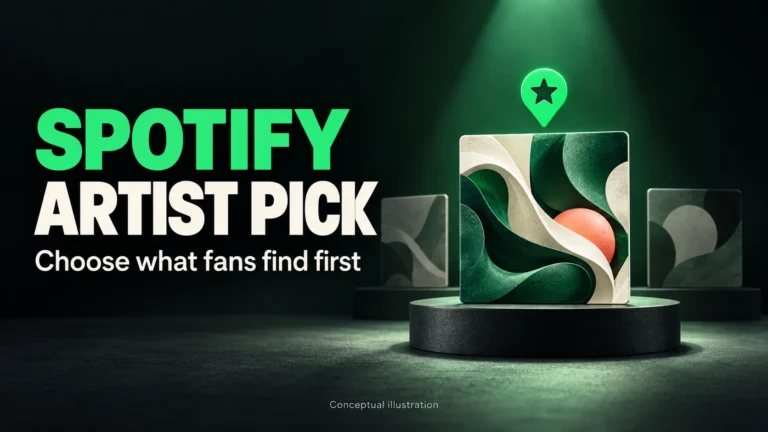 Spotify Artist Pick heading beside a spotlit abstract album-art tile and a green selection marker.