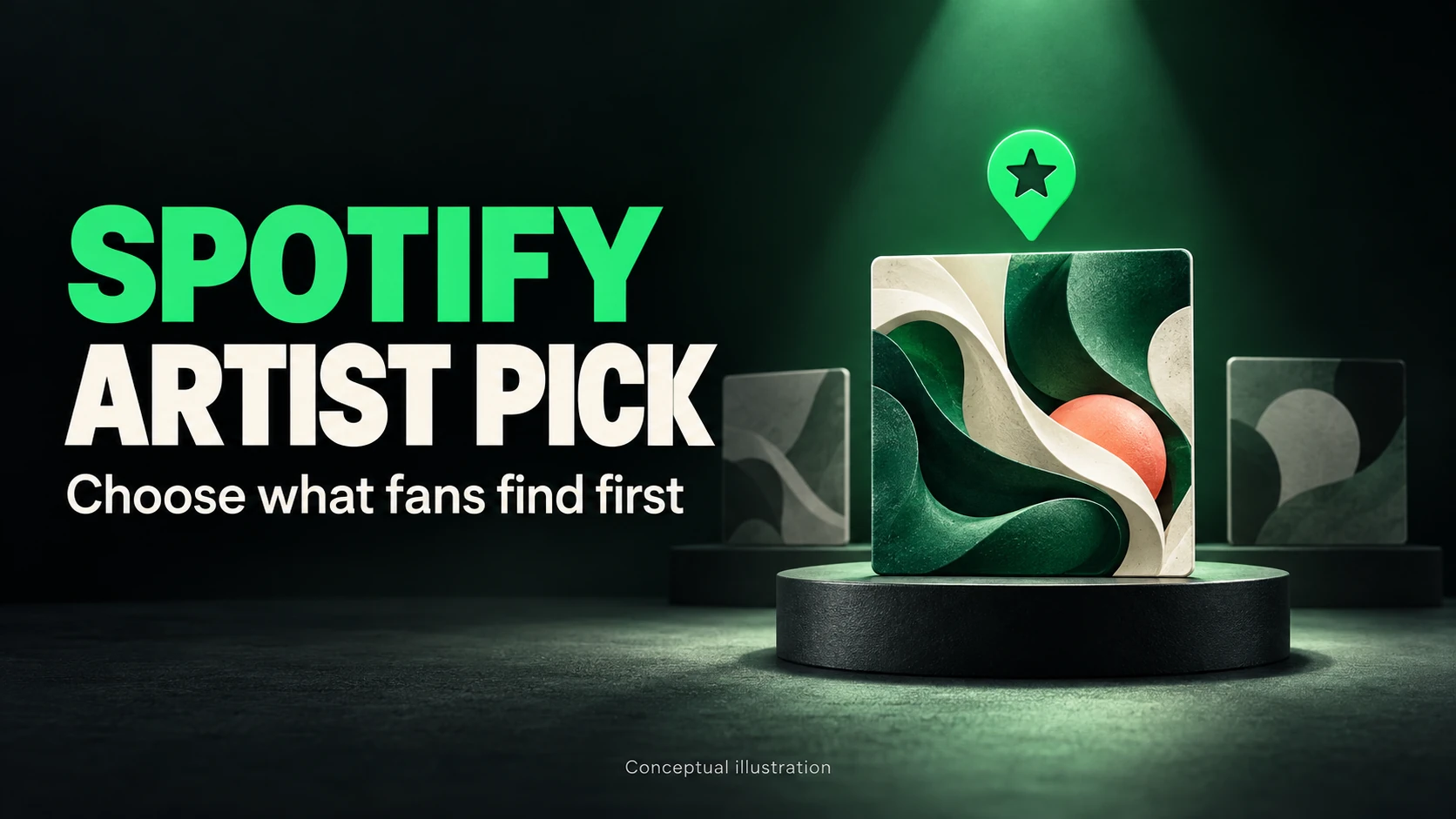 Spotify Artist Pick heading beside a spotlit abstract album-art tile and a green selection marker.