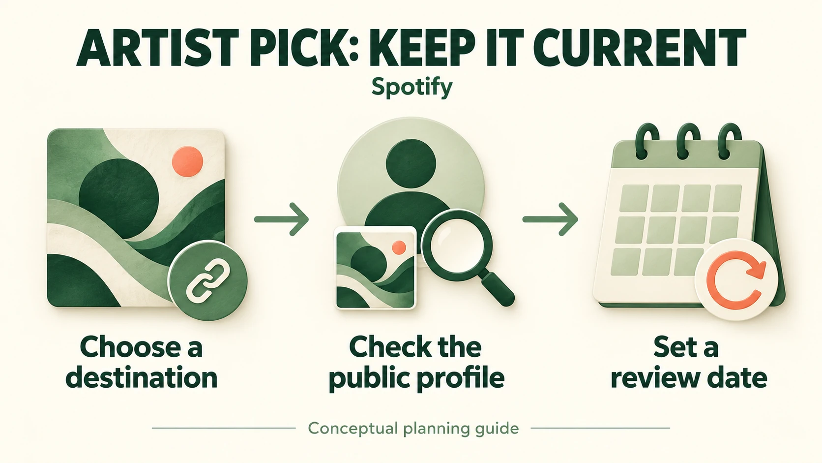 Spotify Artist Pick planning diagram: choose a destination, check the public profile, and set a review date.