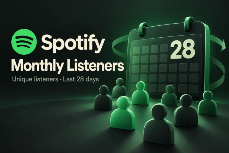 Spotify Monthly Listeners heading with individual listener silhouettes and a calendar marked 28, illustrating a rolling 28-day window.