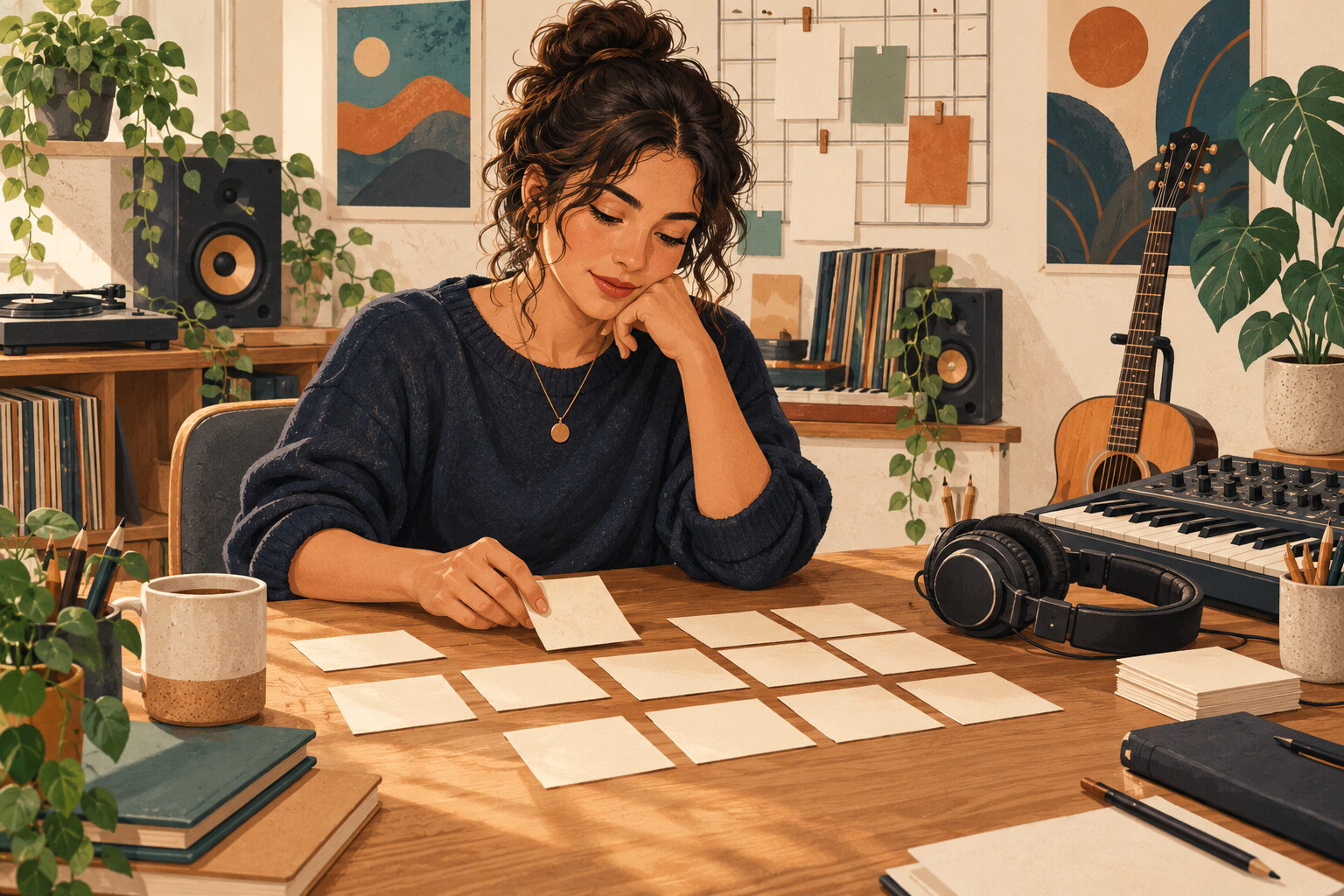 An independent musician arranges release-planning notes at a home studio desk beside headphones, a keyboard, and a guitar.