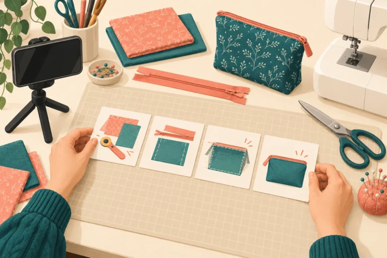 Illustration of a sewing creator arranging four video storyboard cards beside fabric, a zipper, a finished pouch and a phone camera.