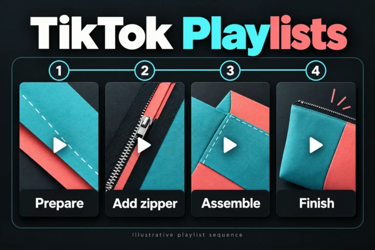Four numbered vertical video cards illustrate a TikTok playlist ordered Prepare, Add zipper, Assemble and Finish.