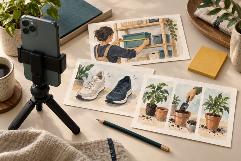 A phone on a tripod beside illustrated storyboard cards for a measuring guide, a product comparison and a plant tutorial.