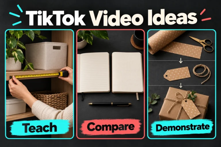 TikTok video ideas illustrated with three storyboard panels: teaching a shelf measurement, comparing notebooks and demonstrating a gift-tag project.