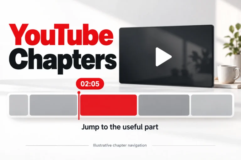 Illustrative YouTube chapter navigation highlights the third of five timeline segments at the example timestamp 02:05.