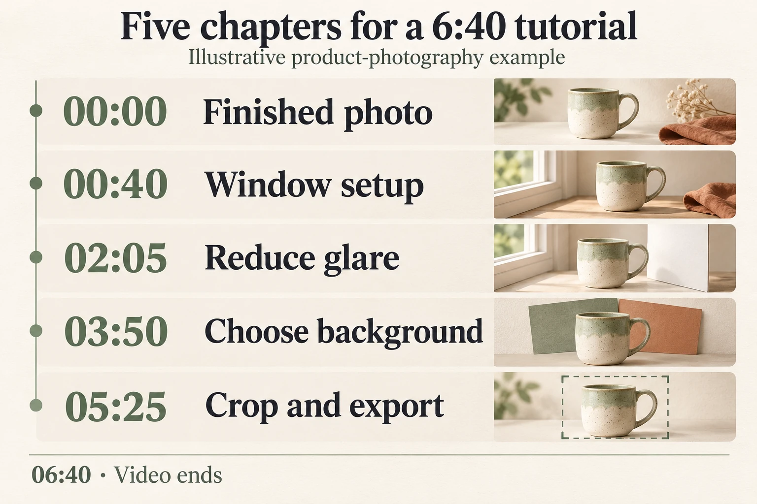 Five chapters for a hypothetical 6:40 mug-photography tutorial begin at 00:00, 00:40, 02:05, 03:50 and 05:25; 06:40 is marked as the video end.