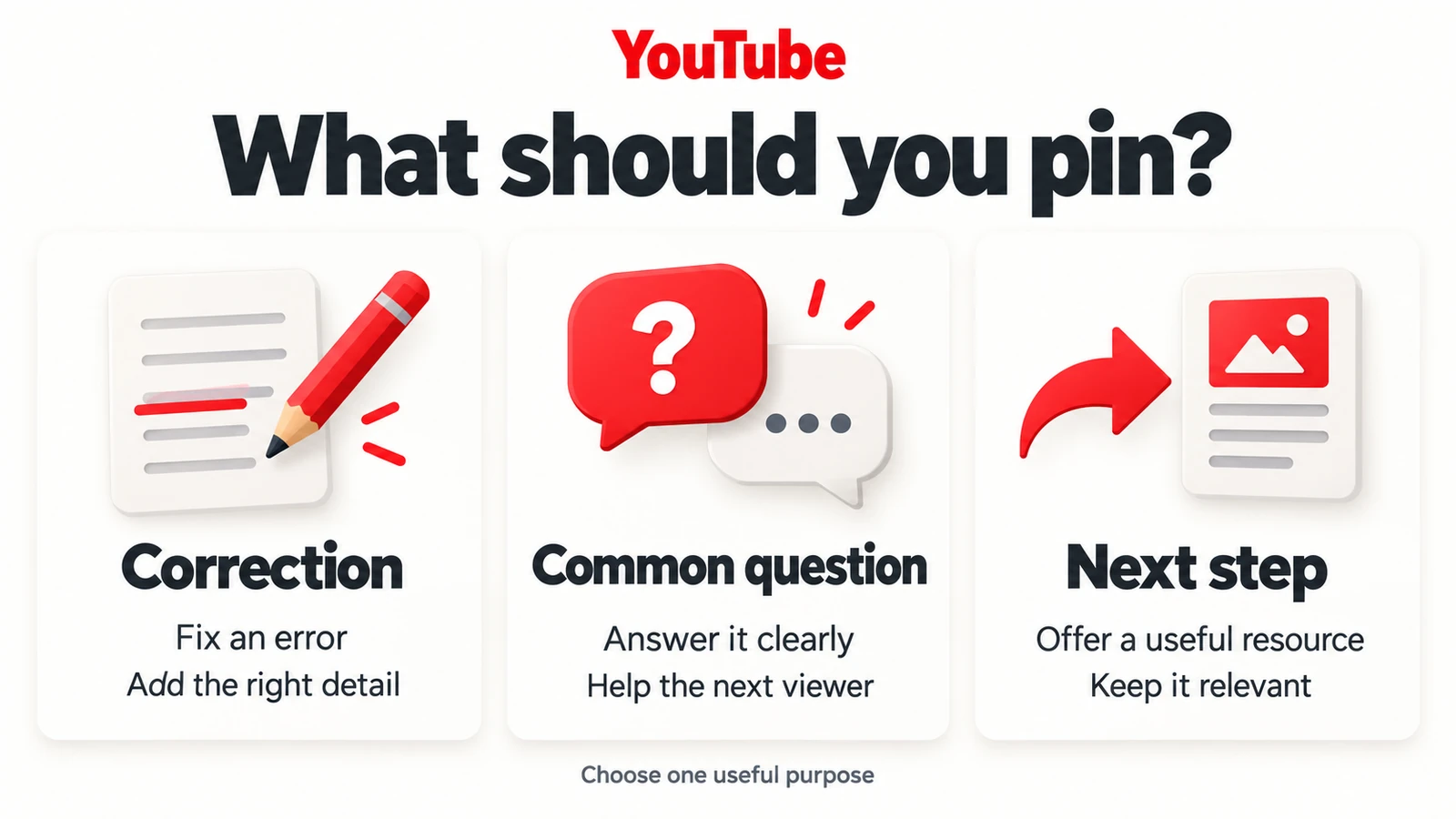 Three useful purposes for a YouTube pinned comment: correct an error, answer a common question, or offer a relevant next step.