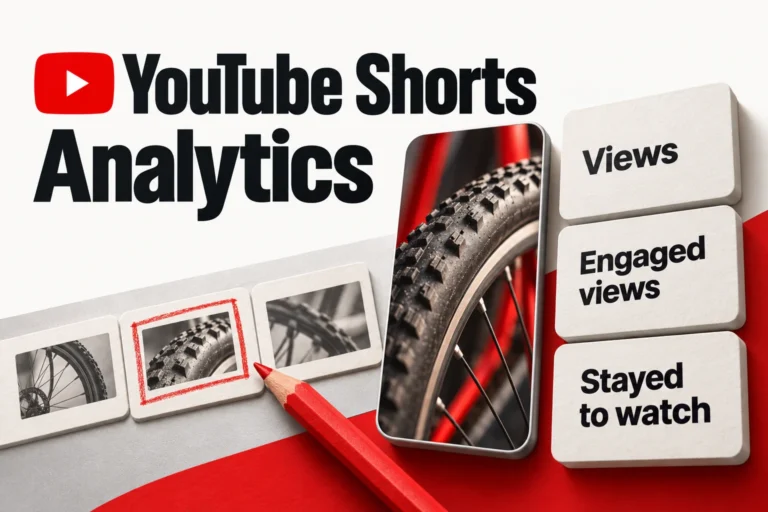 YouTube Shorts Analytics heading beside a vertical video card, Views, Engaged views and Stayed to watch labels, and an editing pencil.